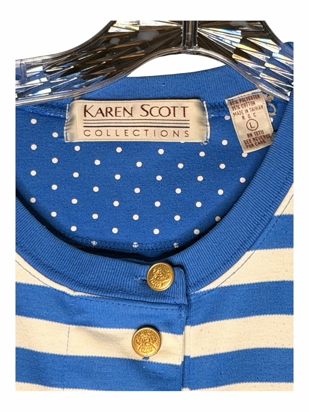 Karen Scott Blue & White Striped 3/4” Sl Henley w/Embroidered Anchor&Rope Sz L - Picture 4 of 6